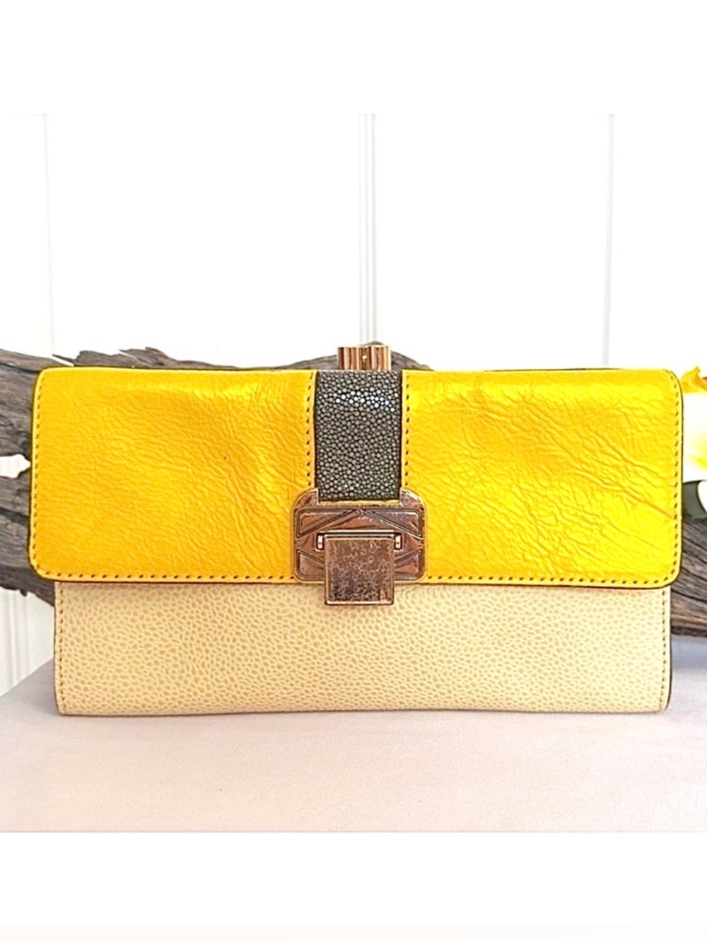 REBECCA MINKOFF ~ Cream Clutch w/Yellow and Gray Accents Gold Toned Hardware
